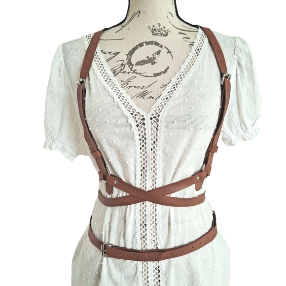 Faux leather brown Underbust adjustable harness suspenders sexy waist belt - Picture 4 of 15
